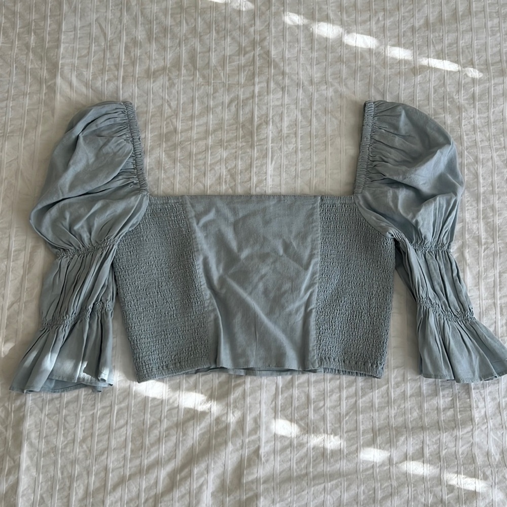 Urban Outfitters Linen Puff Sleeve Smocked Crop Top